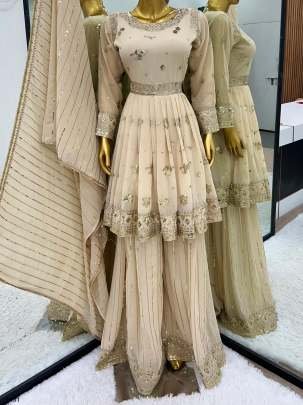 Beautiful Women Cream Sharara Suit With Heavy Embroidery Work