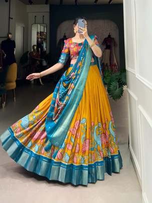 Beautiful Yellow Kalamkari Printed Dola Silk Lehenga Choli