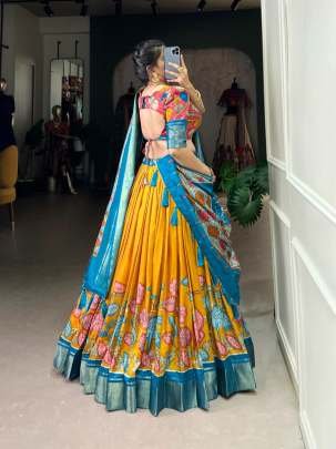 Beautiful Yellow Kalamkari Printed Dola Silk Lehenga Choli