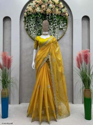 Beautiful Yellow Tibby Silk Saree With Digital Print 