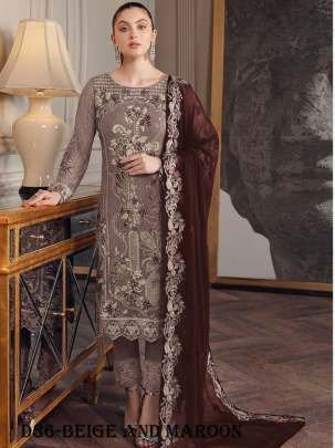 Beige and Maroon Color Embroidered Fox Georgette Suit Set