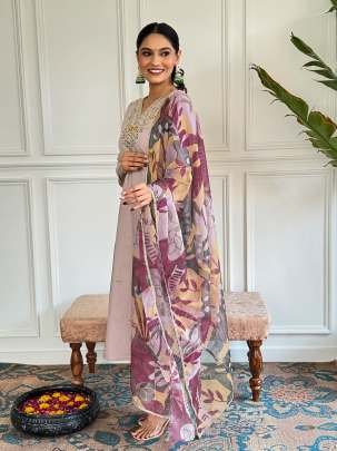 Beige Beautiful Neck Embroidered Work Chanderi Kurtis Set
