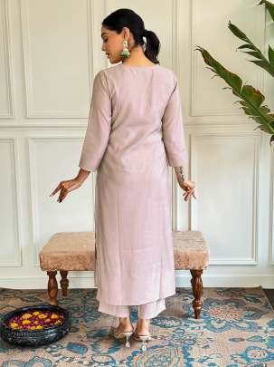 Beige Beautiful Neck Embroidered Work Chanderi Kurtis Set