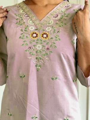 Beige Beautiful Neck Embroidered Work Chanderi Kurtis Set