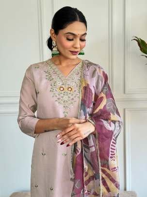 Beige Beautiful Neck Embroidered Work Chanderi Kurtis Set
