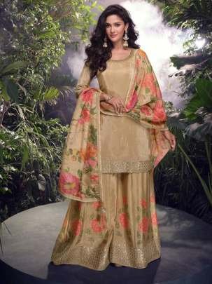 Beige Colour Embroidered Palazzo Suit With Floral Dupatta