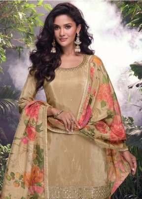 Beige Colour Embroidered Palazzo Suit With Floral Dupatta