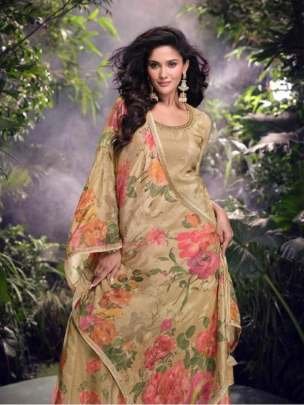 Beige Colour Embroidered Palazzo Suit With Floral Dupatta