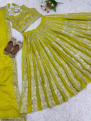 Best Lime Green Chinon Silk Lhenga Choli