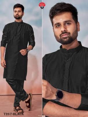 Black Banglori Silk Mens Kurta Polo Pant Set 