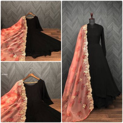Black Beautiful Flared Floor touch Gown with Organza Dupatta