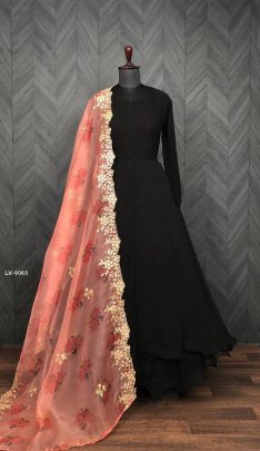 Black Beautiful Flared Floor touch Gown with Organza Dupatta