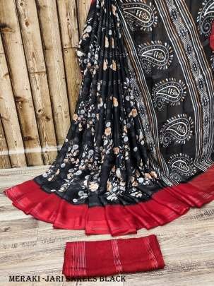 Black Color Beautiful Chiffon Jari Sarees with Flower Print