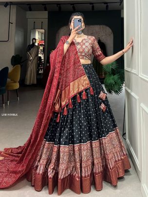 Black Dola Silk Bandhani And Ajrakh Print With Foil Work Lehenga