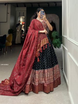 Black Dola Silk Bandhani And Ajrakh Print With Foil Work Lehenga