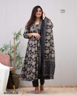 Black Elegant A Line Block Printed Fancy Kurti Pant With Dupatta