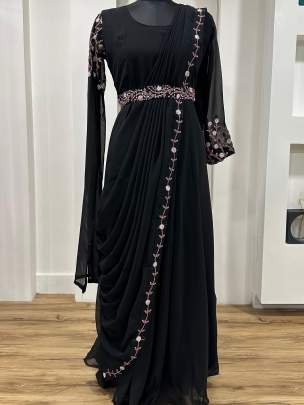 Black Embellished Georgette Fabric Sequins Work Gown