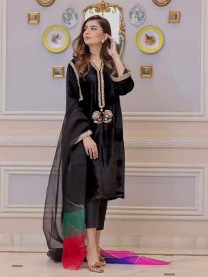 Black Exclusive Neck Embroidery Work Velvet Suits