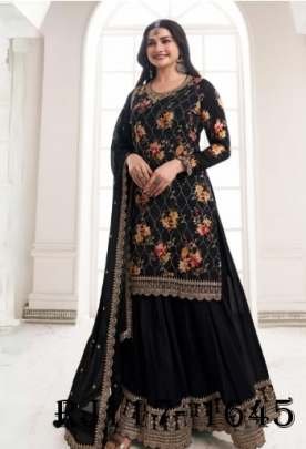 Black Fancy Flower Digital Print Kurti Palazzo With Dupatta