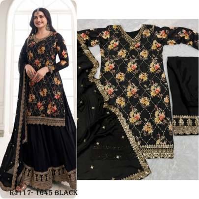 Black Fancy Flower Digital Print Kurti Palazzo With Dupatta