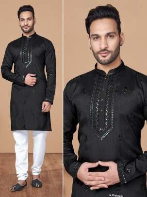 Black Function Wear Heavy Embroidery Work Silk Men Kurta With Payjama