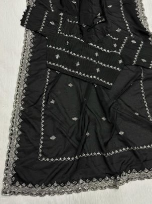 Black Party Wear Embroidery Work Soft Organza Saree