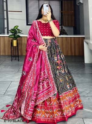 Black Patola And Bandhani Print Tussar Silk Lehenga Choli With Pink Blouse