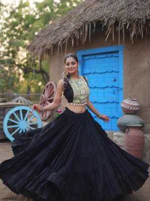 Black Ready Made Rayon Navratri Lehenga Blouse Koti Set