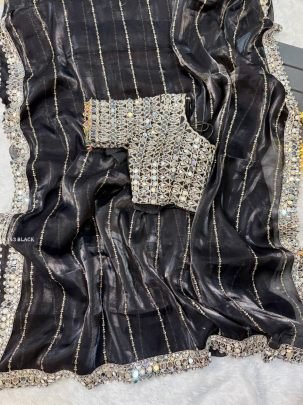 Black Real Mirror Work Border Saree With Stitched Blouse 