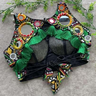 Black Sleeveless Real Mirror Sequence Work Ready Made Blouse
