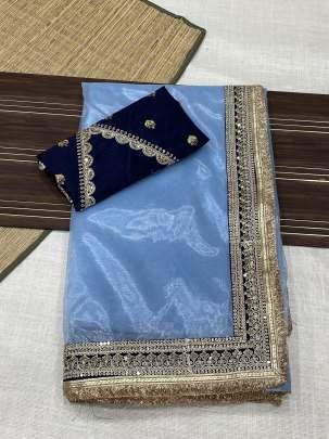 Blue Attractive And Beautiful Soft Zari Tissue Saree With Cording Work