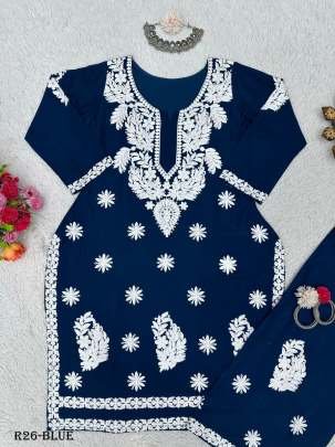 Blue Chain Stich Work Heavy Rayon Kurtis
