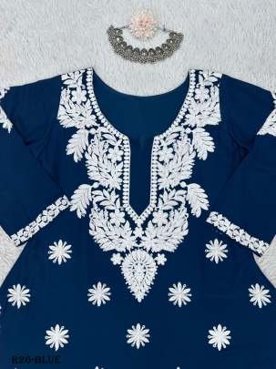 Blue Chain Stich Work Heavy Rayon Kurtis