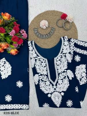 Blue Chain Stich Work Heavy Rayon Kurtis
