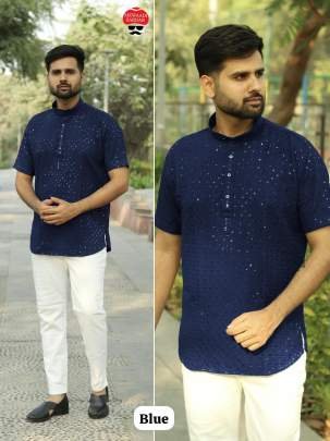 Blue Chikankari Work Rayon Short Kurta