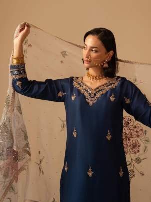 Blue Exclusive Embroidery Sequence Work Chinon Suits With Pant