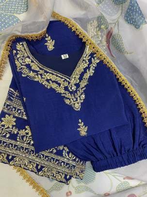 Blue Exclusive Embroidery Sequence Work Chinon Suits With Pant