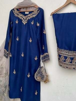 Blue Exclusive Embroidery Sequence Work Chinon Suits With Pant