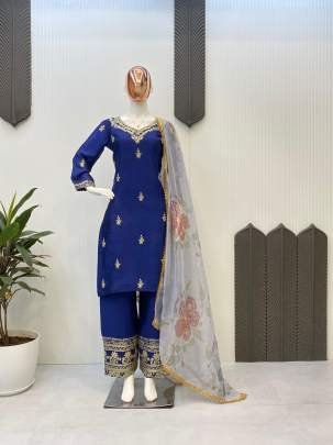 Blue Exclusive Embroidery Sequence Work Chinon Suits With Pant