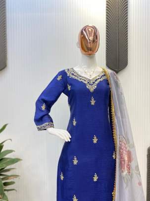 Blue Exclusive Embroidery Sequence Work Chinon Suits With Pant