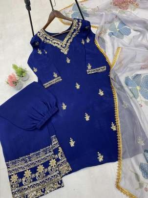 Blue Exclusive Embroidery Sequence Work Chinon Suits With Pant