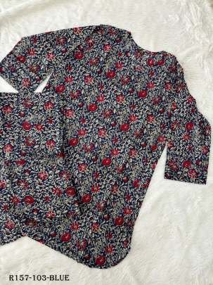 Blue Flower Printed Cotton Top And Pant Co ord Set