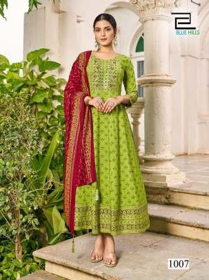 Blue Hill Brand Green Embroidery Work And Printed Rayon Kurtis Dupatta Set