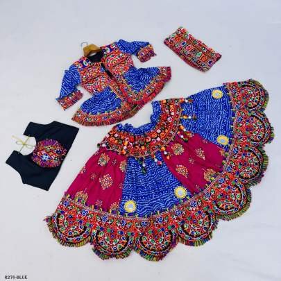 Blue Navratri Traditional 4PC Kids Lehenga Set With Kedia And Cap