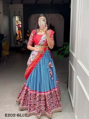 Blue Patola Digital Printed Muslin Cotton Lehenga Choli