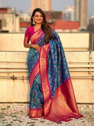 Blue patola Silk Saree With Meenakari Ikkat Patterns