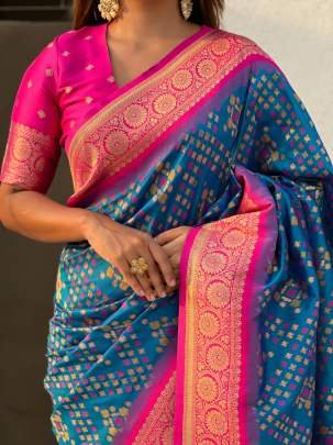 Blue patola Silk Saree With Meenakari Ikkat Patterns
