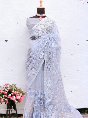 Blue Sonalika Embroidered Pure Soft Net Saree