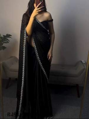 Bollywood Design Heavy Black Saree With Hotfix Lace