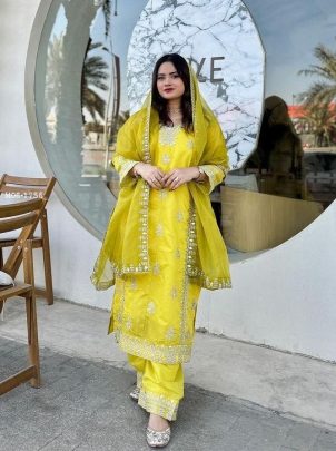 Bollywood Style Kiaara Silk Mirror Embroidered Yellow Suit for Ladies 